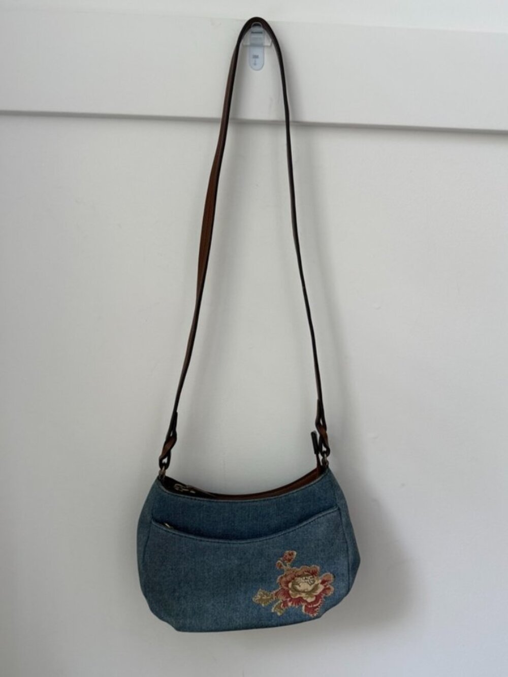 FOSSIL Denim Shoulder Bag Embroidered Tapestry Floral Crossbody Hobo Y2K - Picture 7 of 7